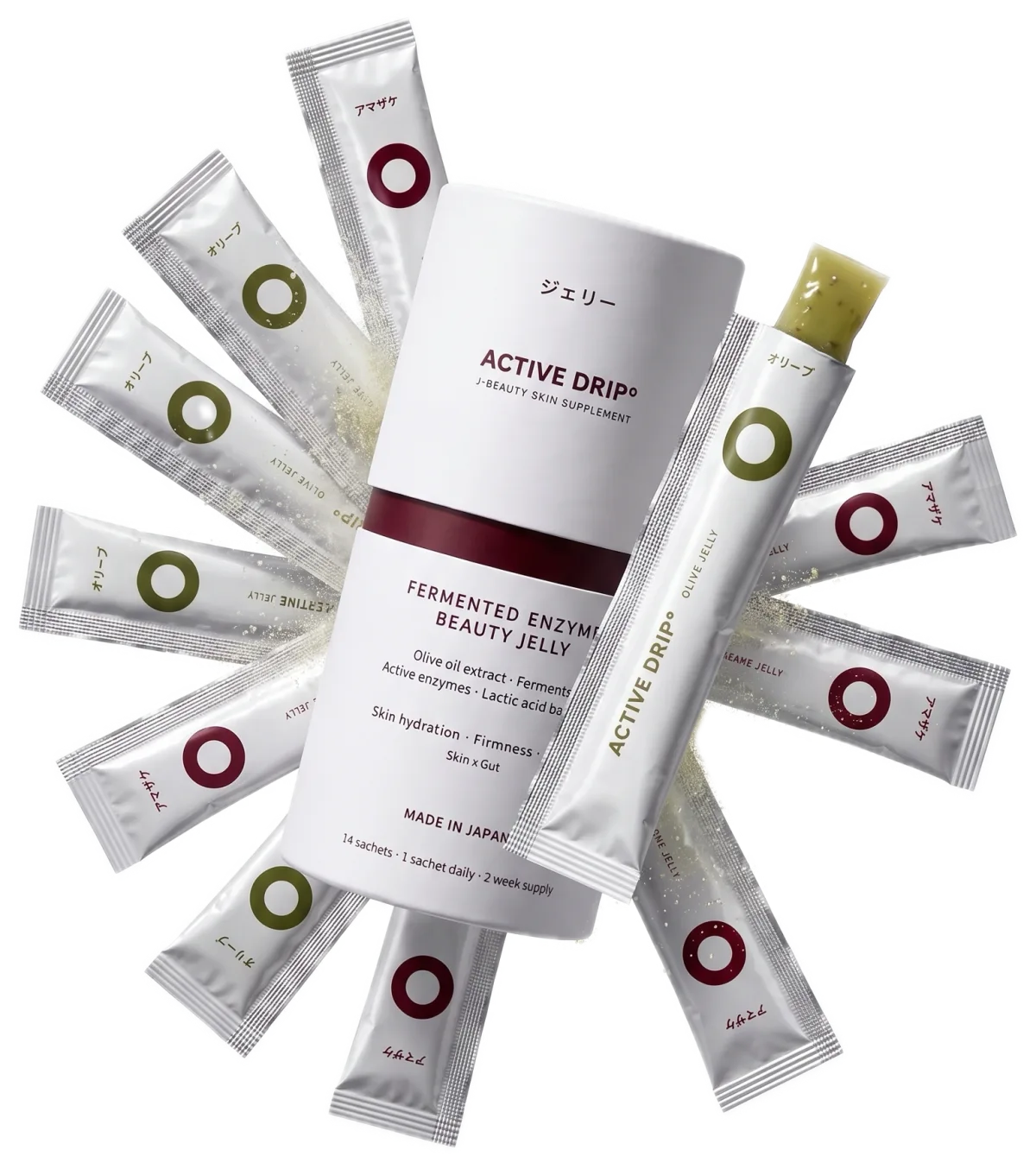 Active Drip Fermented Enzyme Beauty Jelly canister with fanned stick packs